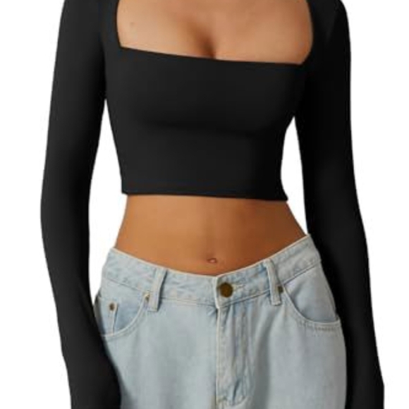 Tops - QINSEN Women's Sexy Square Neck Crop Top Long Sleeve Slim Fit, New, L